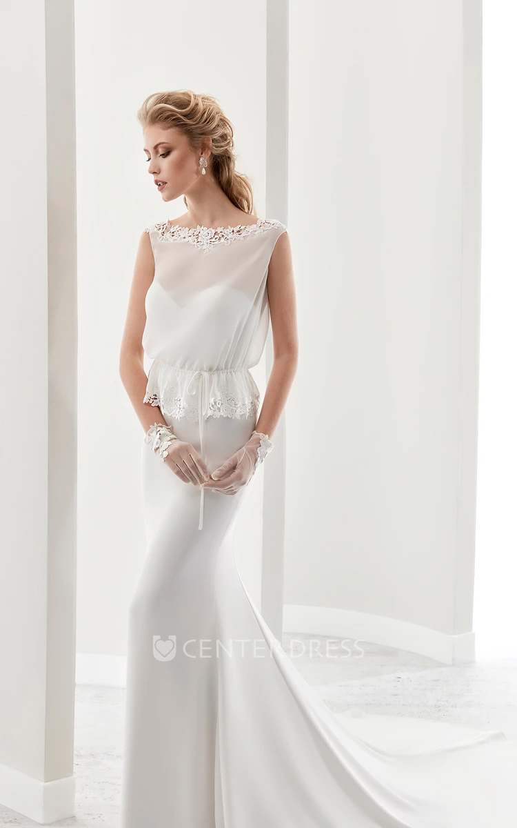 Cap Sleeve Illusion Sheath Gown With Wire Waist And Keyhole Back