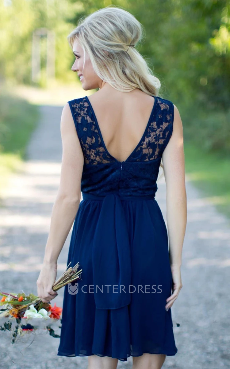Sleeveless Chiffon Short A-Line Lace Backless Gown