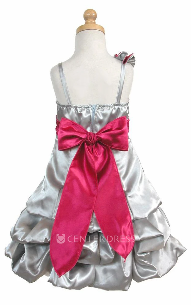 Cape Knee-Length Floral Ruched Satin Flower Girl Dress With Sash