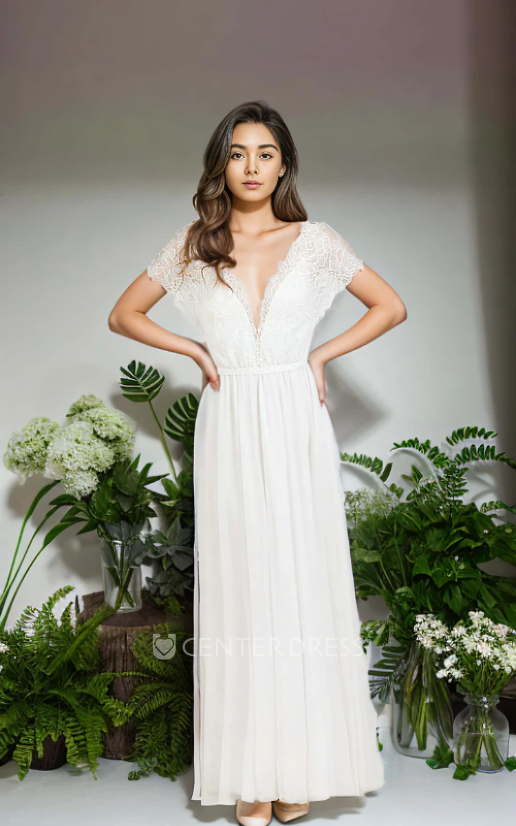Short Sleeve Plunging Neckline Boho Lace Sexy A-Line Floor-length Wedding Dress with Ribbon Deep-V Back