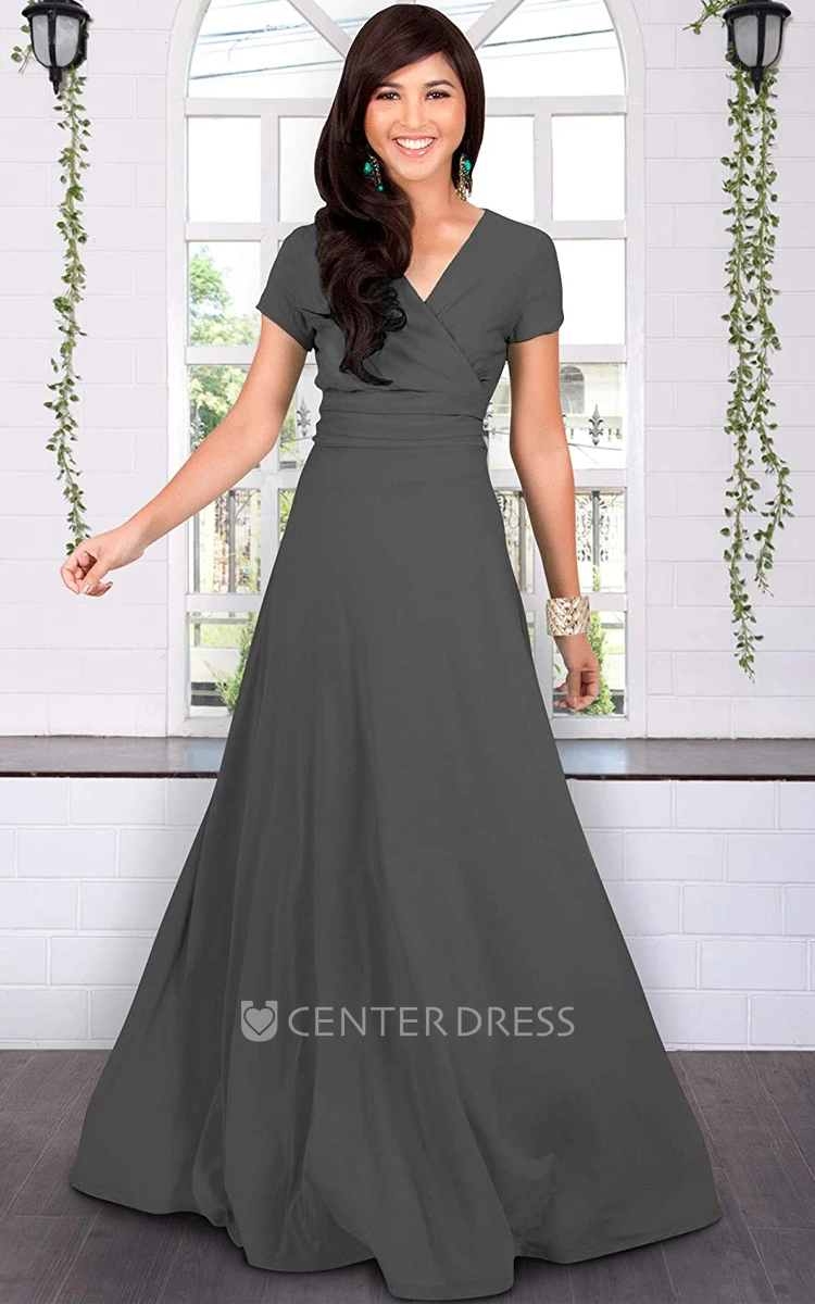 Simple A-line Jersey V-neck Short Sleeve Evening Dress With Criss Cross and Pleats
