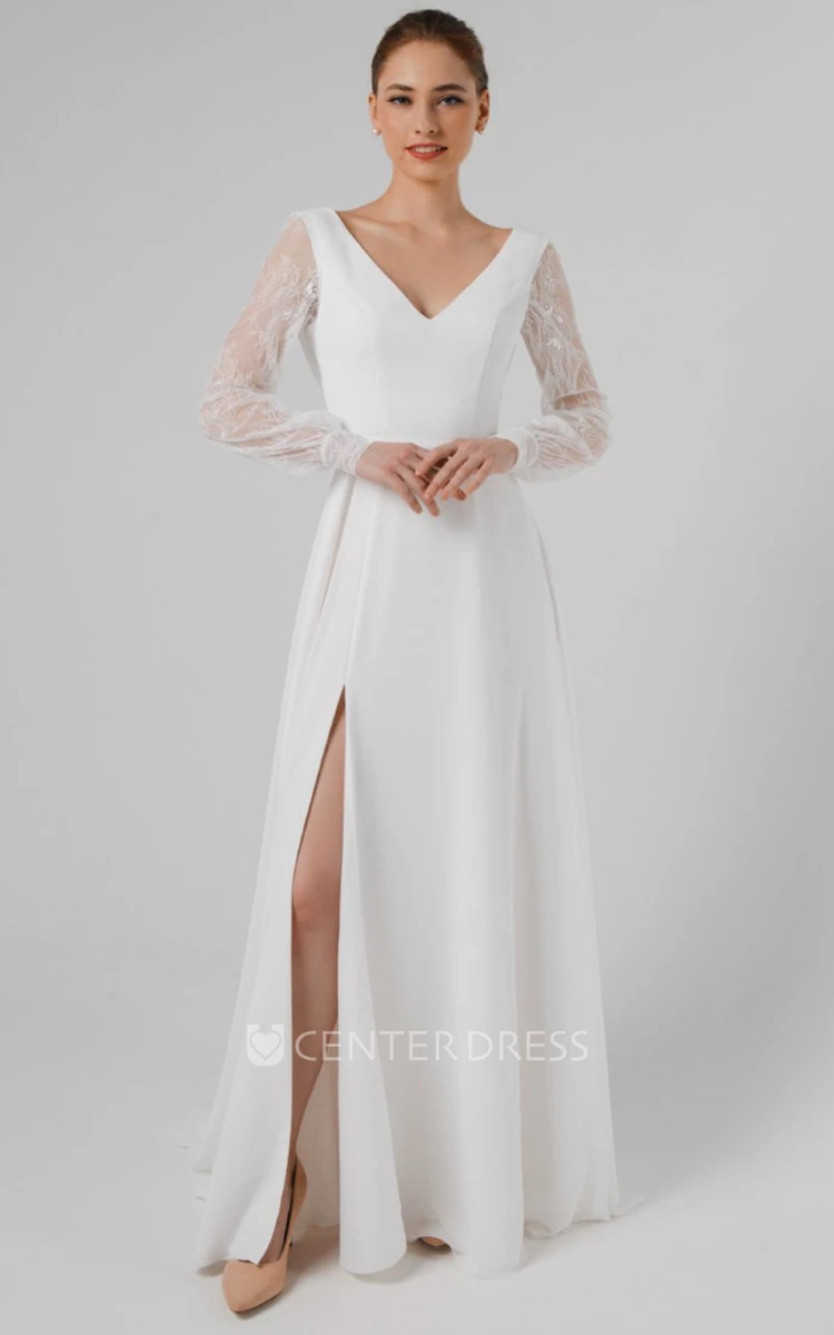 Sexy V-neck A Line Chiffon and Lace Wedding Dress with Split Front