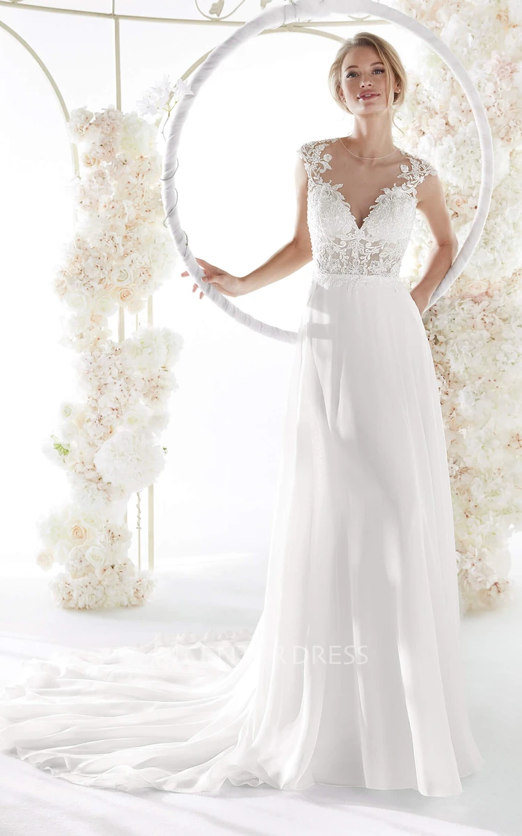 Cap Sleeve Elegant Illusion Lace Chiffon Wedding Gown With Plunging Neckline And Keyhole Back