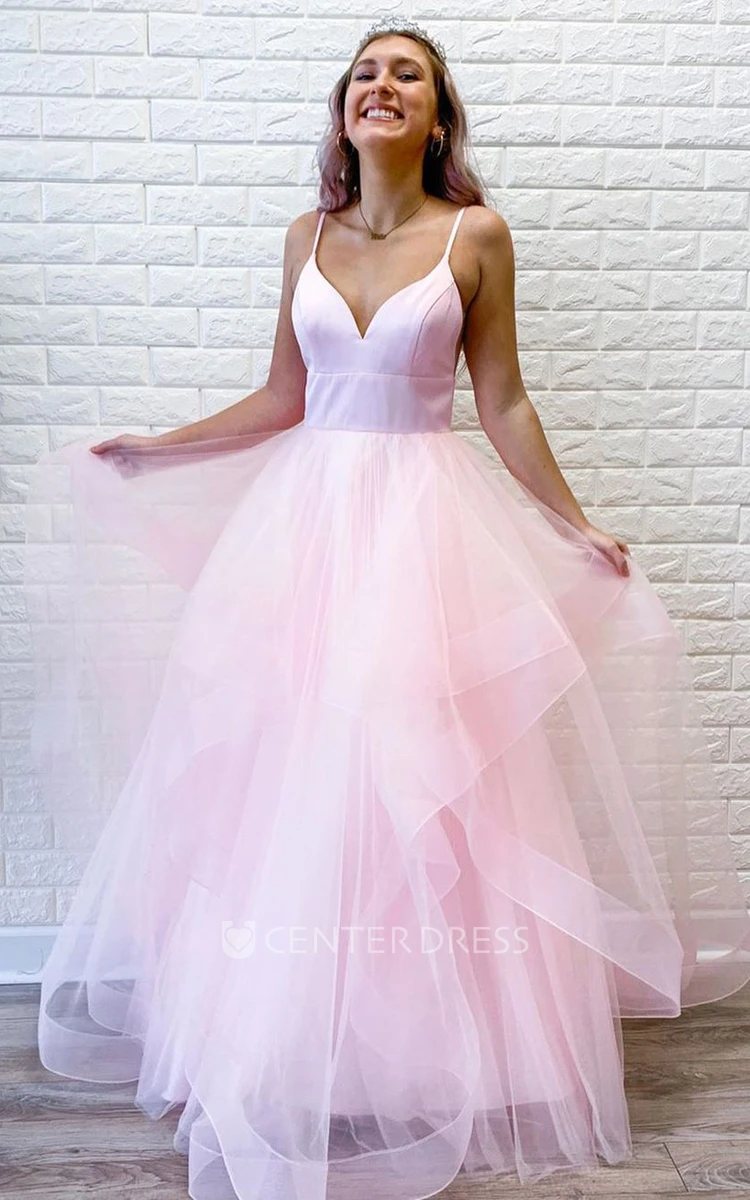 A Line Sleeveless Satin Tulle Modern Formal Dress with Ruffles
