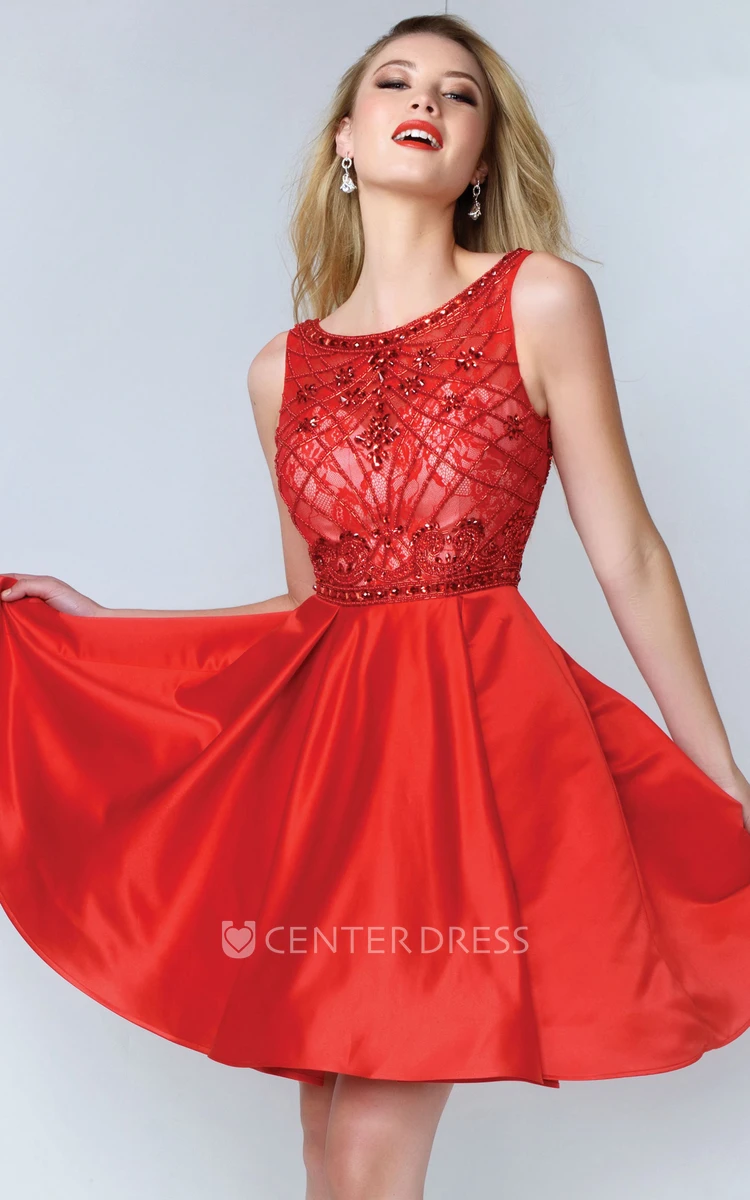 A-Line Mini Scoop-Neck Sleeveless Satin Low-V Back Dress With Beading And Lace