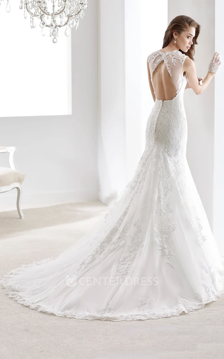 Sweetheart Cap Sleeve Sheath Lace Gown With Appliques Straps And Keyhole Back