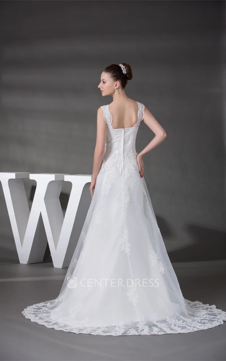 Strapped Sleeveless Lace A-Line Wedding Gown with Ruching and Beading