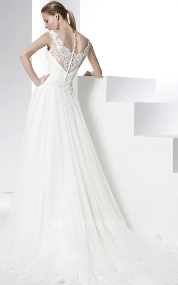 Strapless Floor-Length Appliqued Tulle&Satin Wedding Dress
