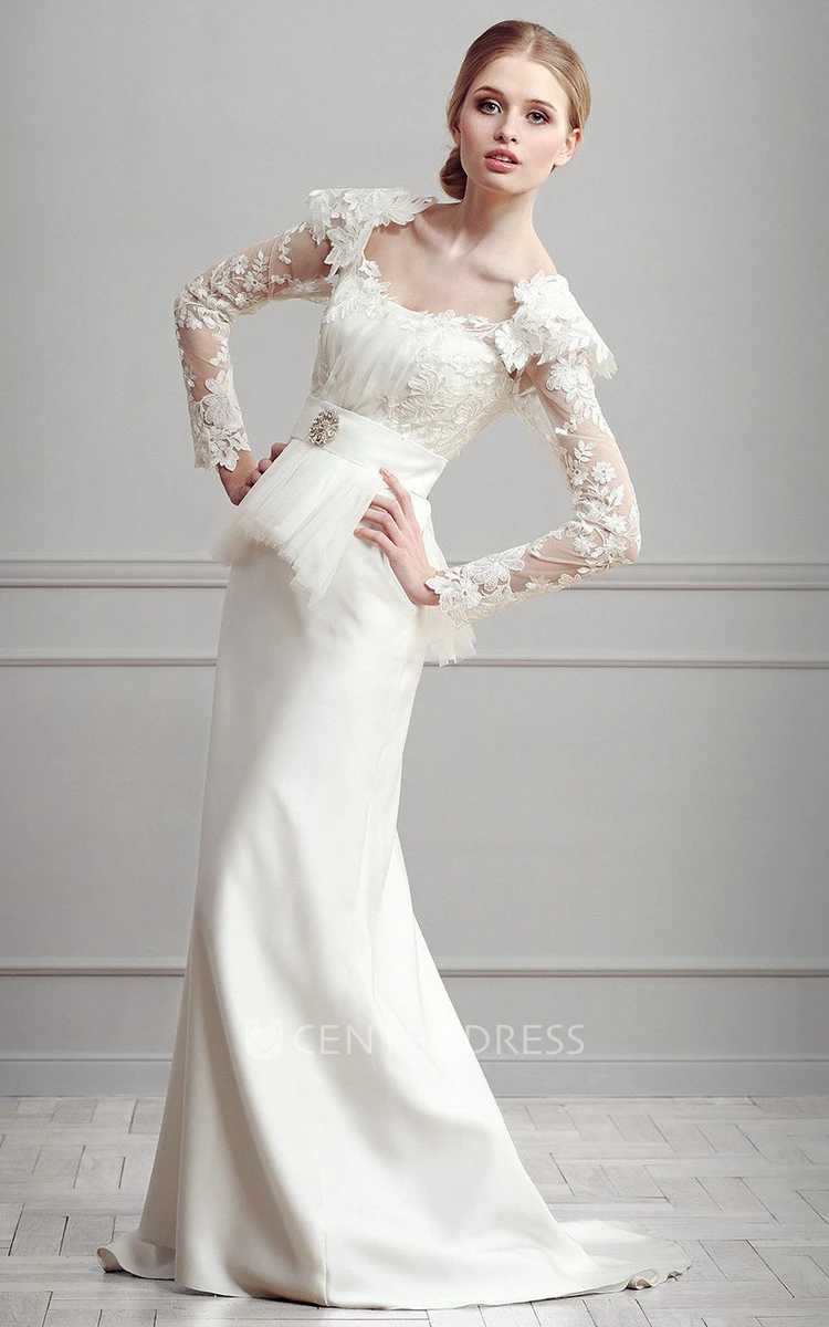Sheath Appliqued Cap-Sleeve Long Square-Neck Satin Wedding Dress With Peplum And Broach