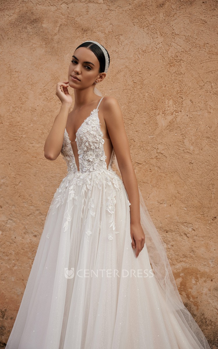 Sexy Spaghetti Strap Tulle Ruffle Court Train Wedding Dress with Lace Applique Sequin Style UCenter Dress