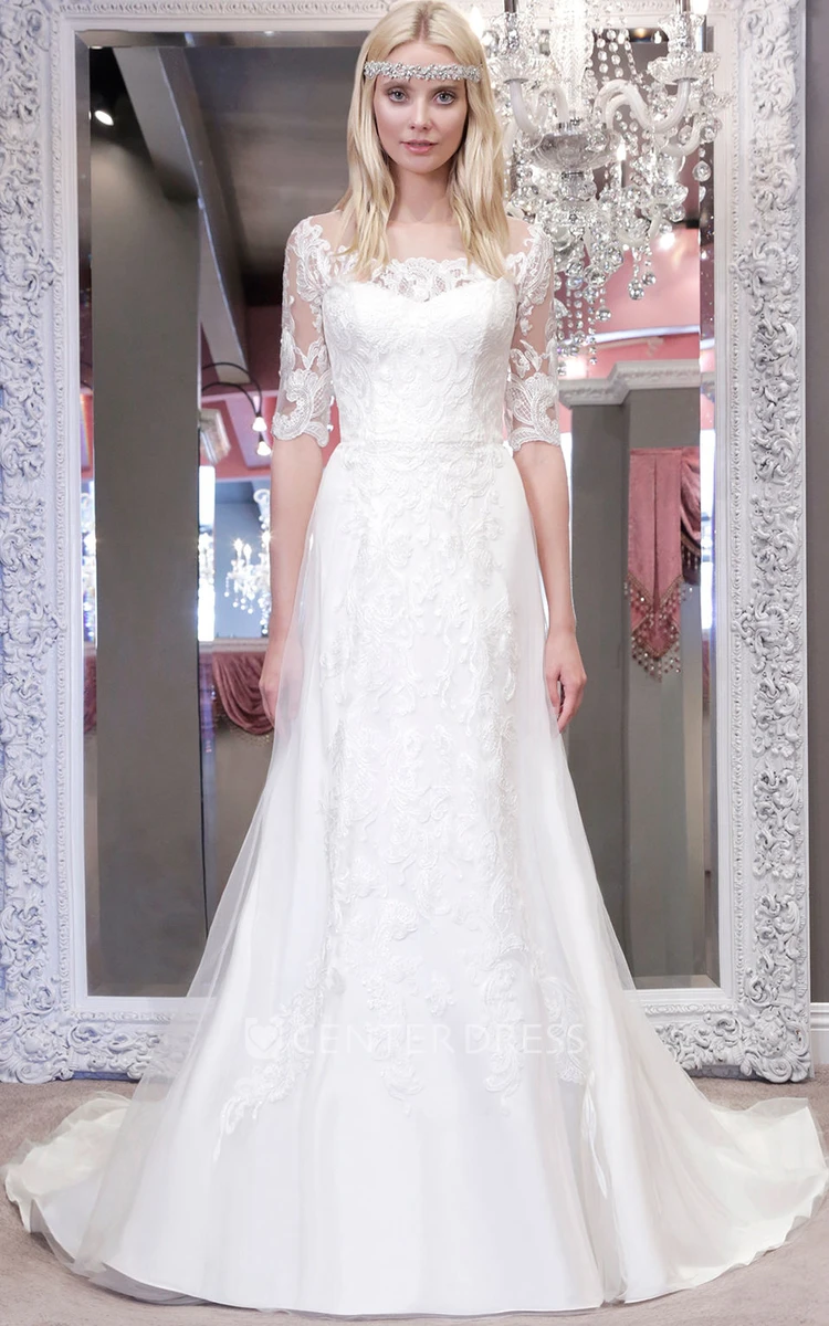 A-Line Jewel-Neck Half-Sleeve Lace&Tulle Wedding Dress
