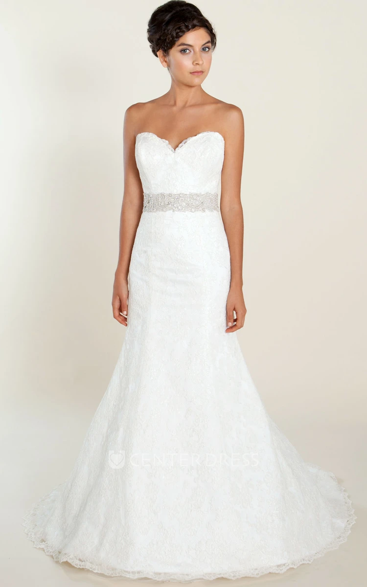 Sheath Long Jeweled Sweetheart Lace Wedding Dress With Appliques And V Back