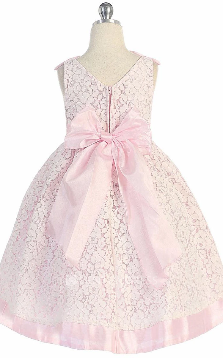 Tea-Length Bowed Floral Lace Flower Girl Dress With Sash
