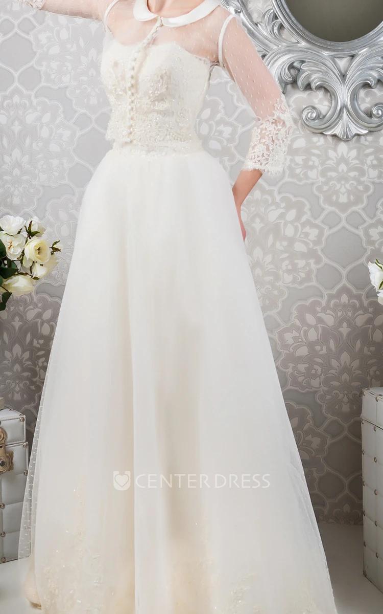 A-Line Strapless Sleeveless Floor-Length Appliqued Tulle Wedding Dress With Bolero