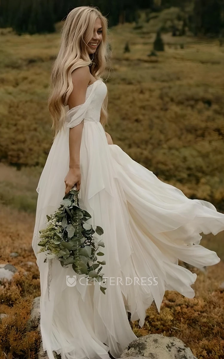 Floor Length Off-the-shoulder Sweetheart Ethereal Chiffon Wedding Dress
