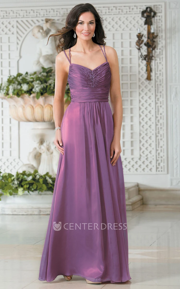 Sleeveless A-Line Long Bridesmaid Dress With Sequins And Ruches