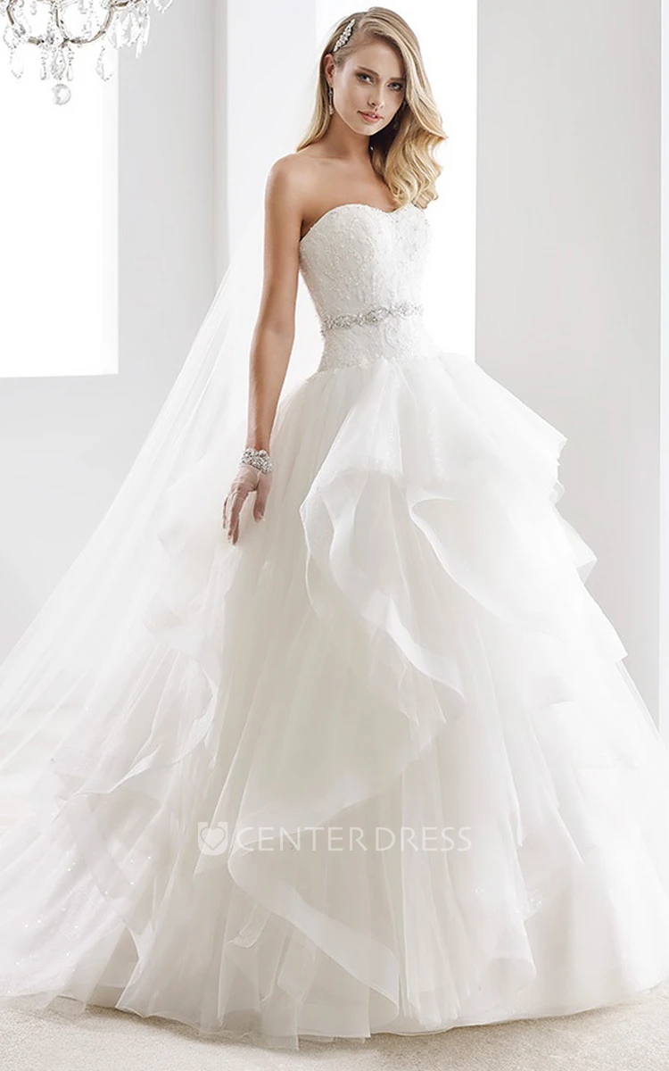 Strapless Open-Back A-Line Bridal Gown With Ruffles And Beaded Belt