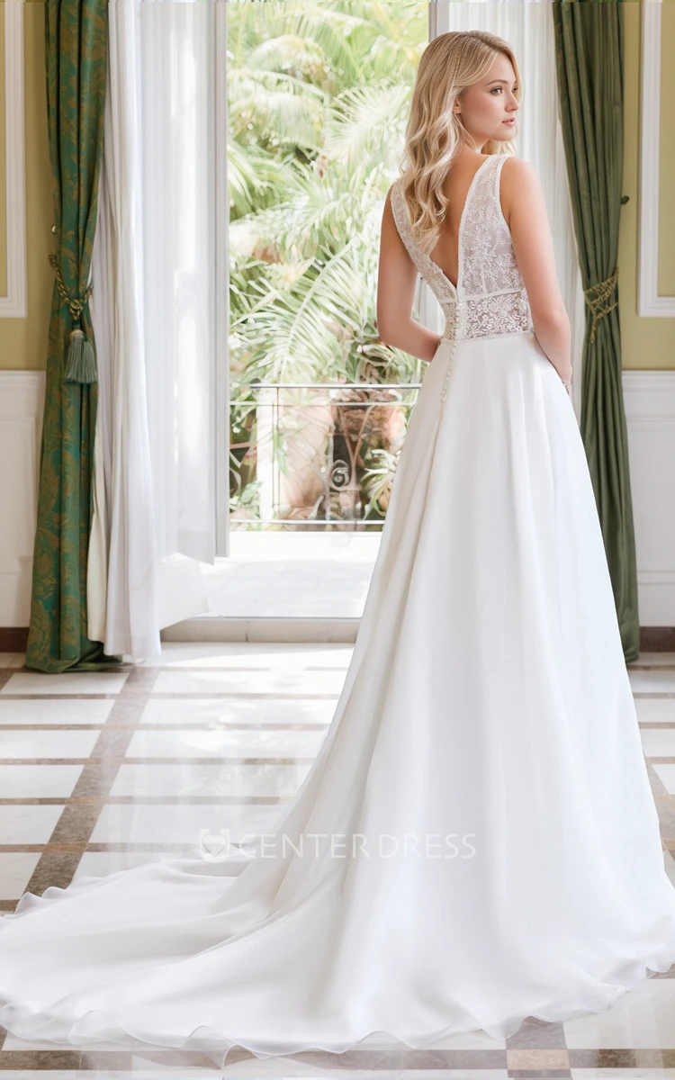 Ethereal Vintage Chiffon Lace A-Line V-neck Floor-length Wedding Dress Sexy Elegant Sleeveless Appliques Button Zipper Deep-V Back Bridal Gown with Train