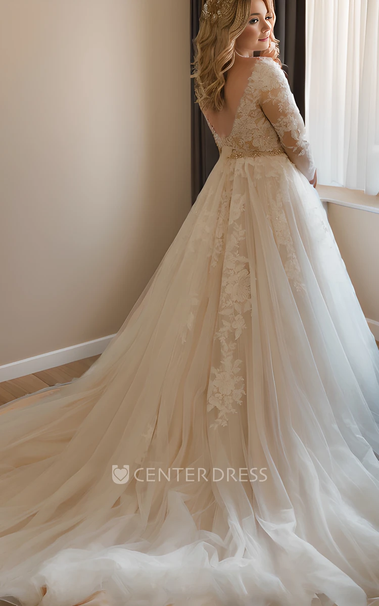 Simple Plus Size V-neck A Line Long Sleeve Floor-length Tulle Wedding Dress with Appliques
