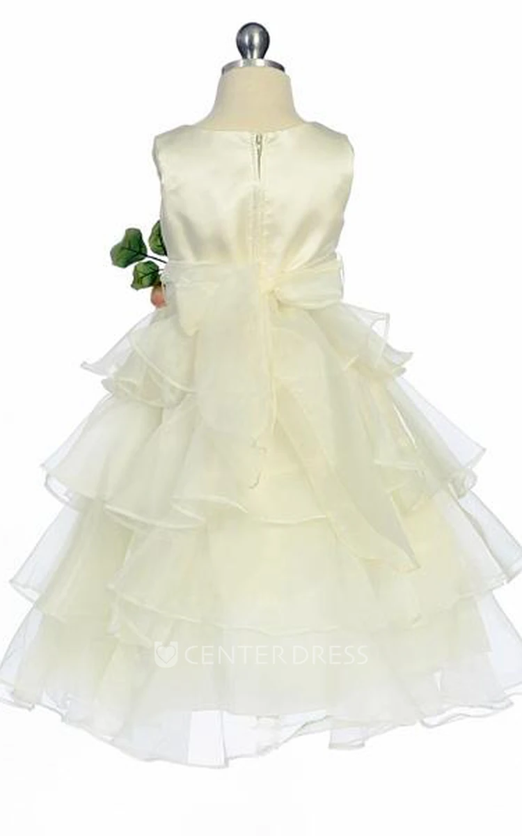 Tea-Length Tiered Floral Organza Flower Girl Dress