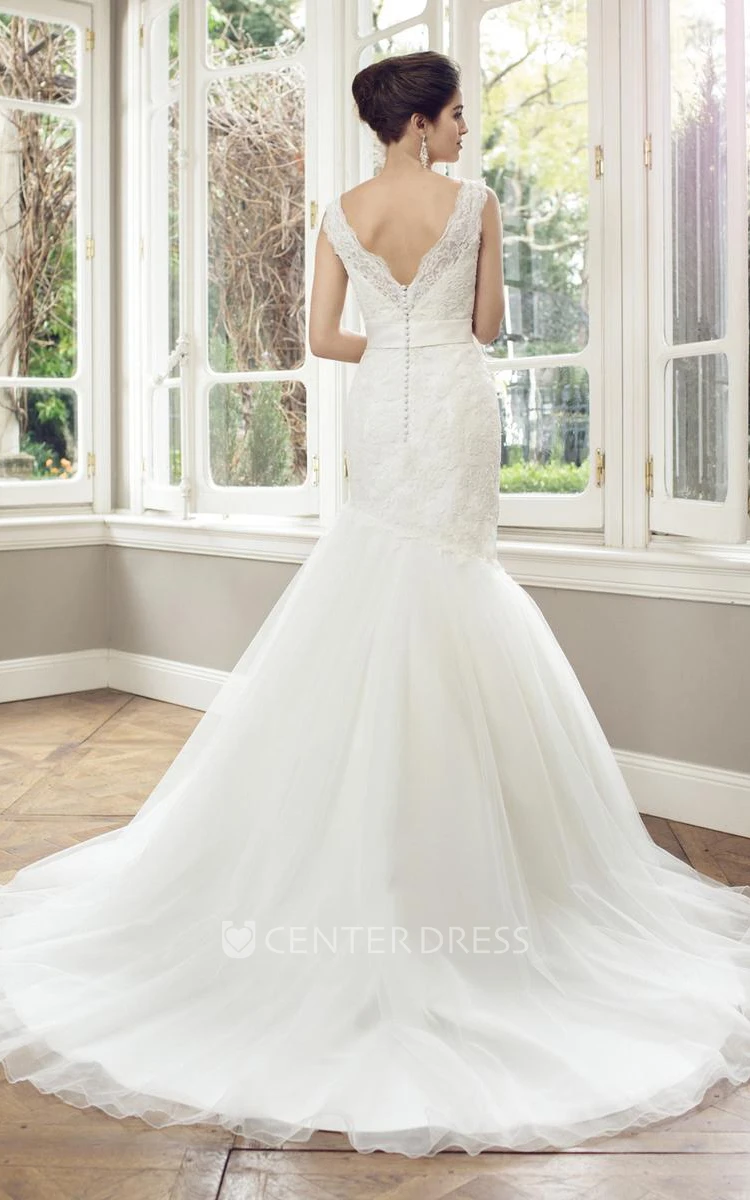 Trumpet Floral V-Neck Sleeveless Long Lace&Tulle&Satin Wedding Dress With Appliques And Low-V Back