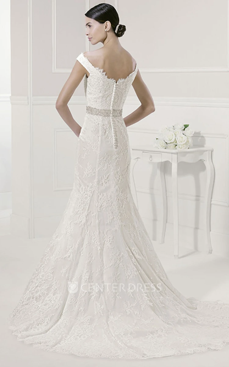 Scalloped Neck Off Shoulder Mermaid Lace Gown With Sash