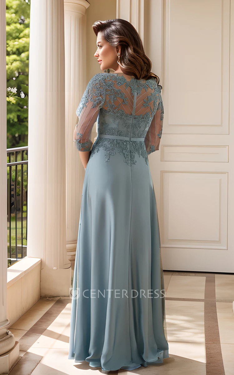 A-Line Mother of the Bride Elegant Floor Length Prom Dress V-neck with Zipper Back Lace Appliques