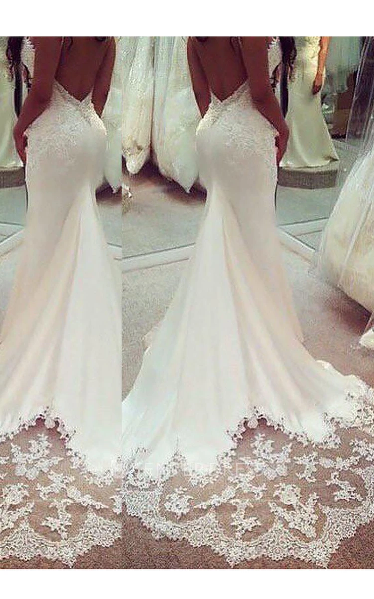 Mermaid Trumpet Spaghetti Jersey Lace Deep-V Back Wedding Gown