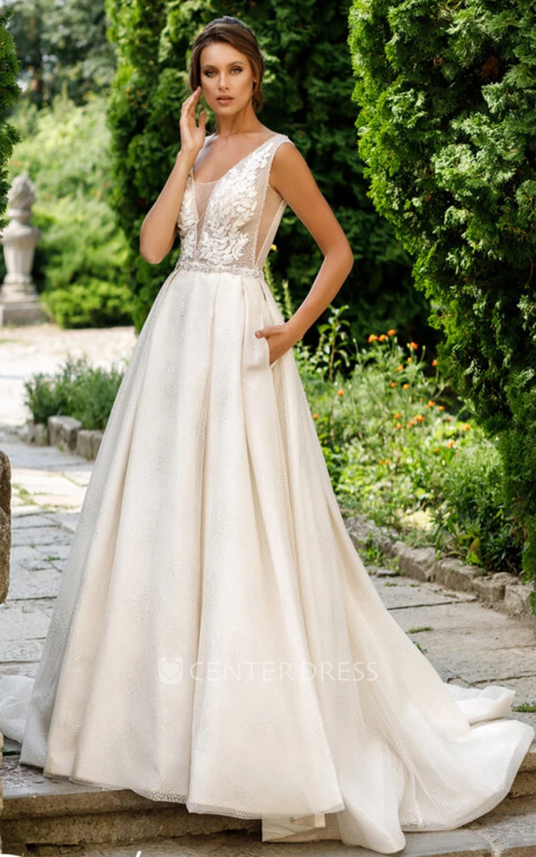 Ethereal Plunging Neck A Line Organza Wedding Dress with Appliques and Pockets