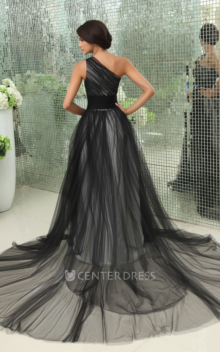 Chic A-line One Shoulder Long Prom Dress Graceful Lace Floor-Length Tulle Evening Gown With Sequins