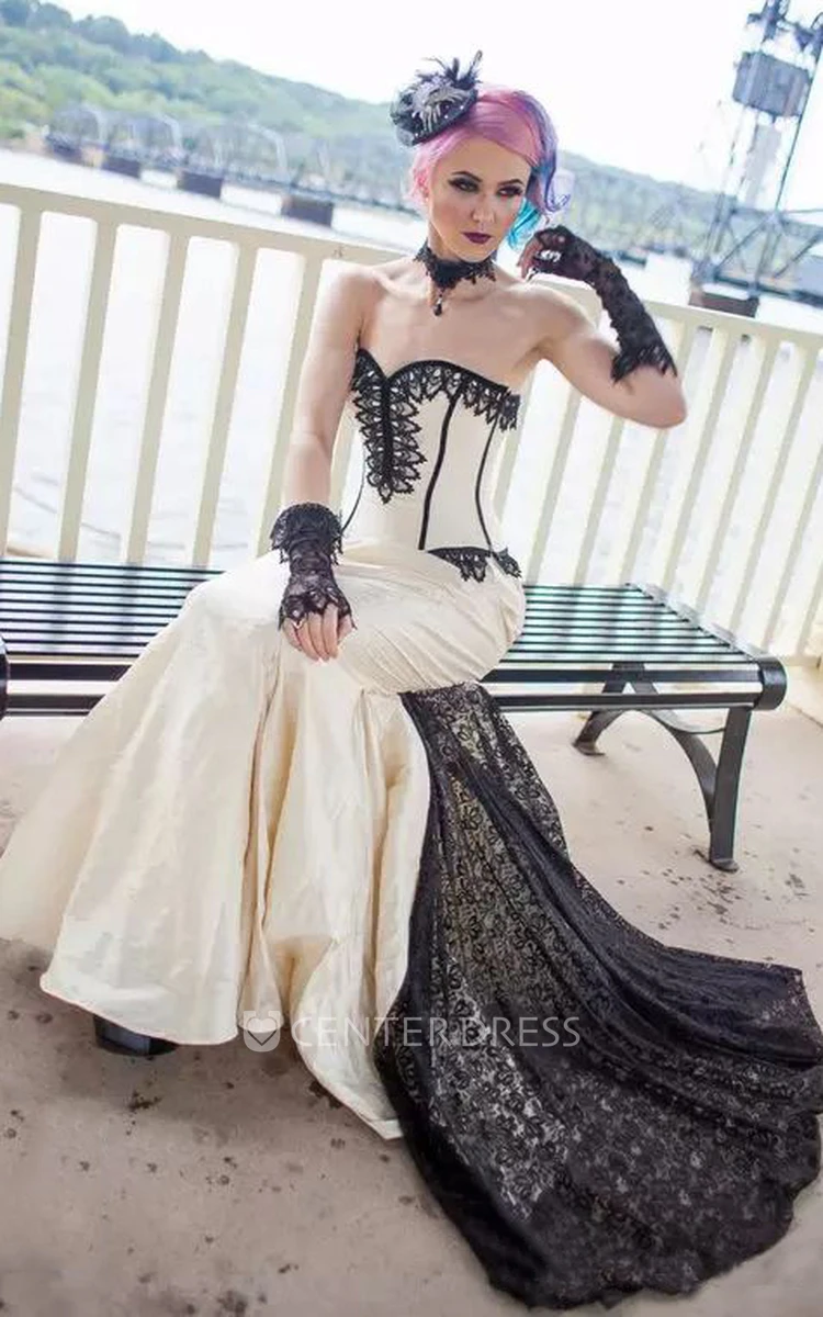 Sleeveless Mermaid Sweetheart Taffeta Lace Floor-length Sweep Train Wedding Dress with Appliques