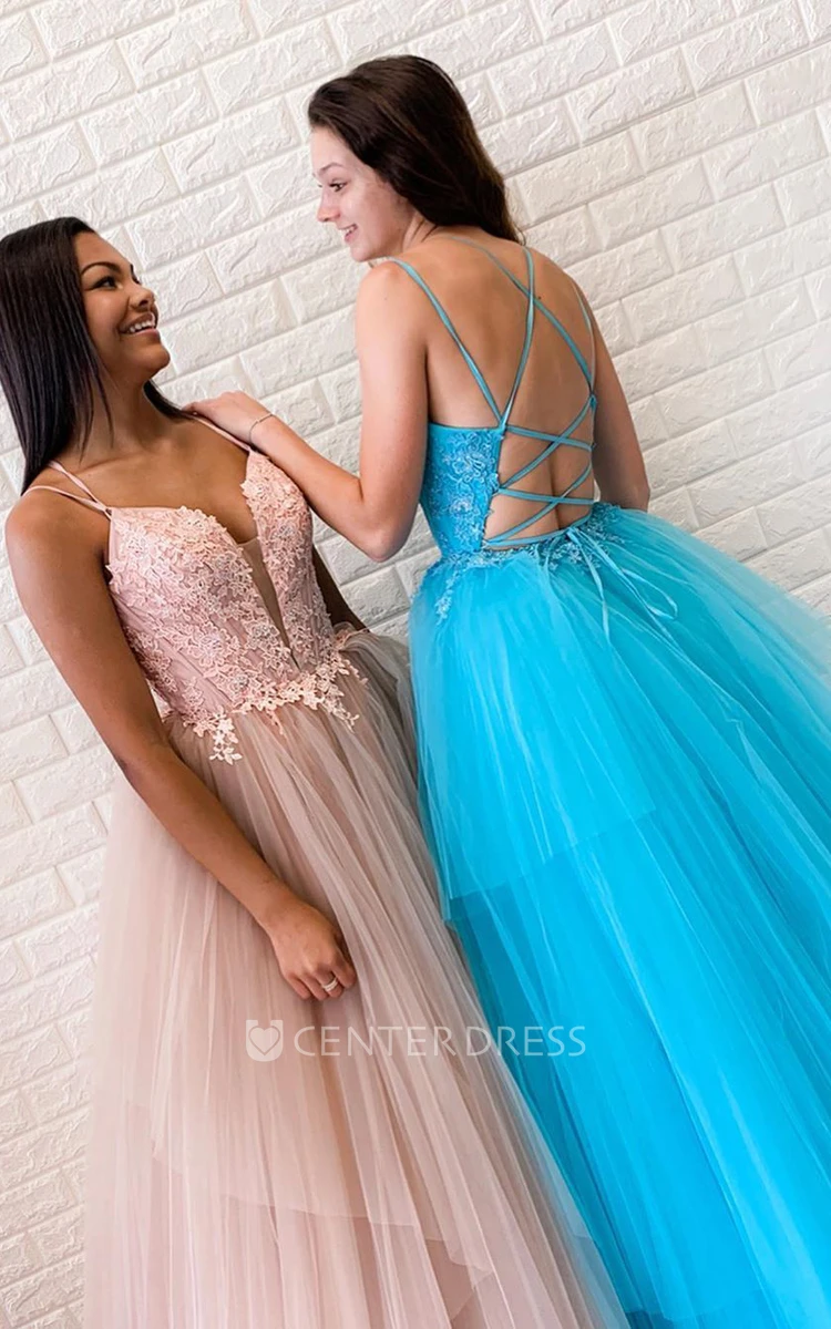 A Line Sleeveless Tulle Simple Lace-up Back Formal Dress with Appliques
