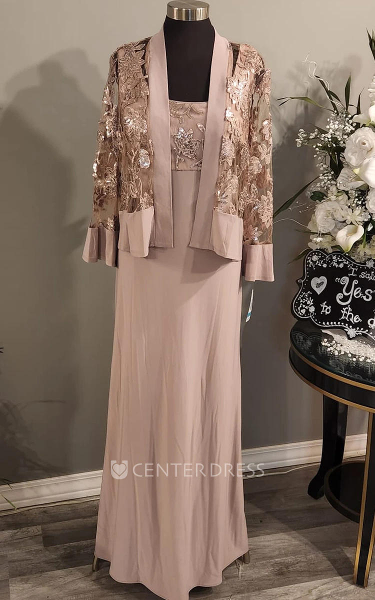 Chiffon A-Line Square Neckline Modest Mother Of The Bride Dress With Long Sleeve And Open Back