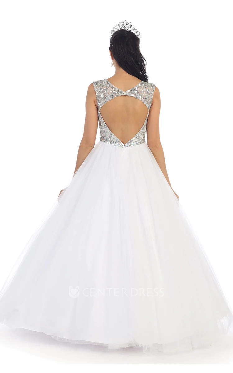 Ball Gown Long Scoop-Neck Tulle Satin Keyhole Dress With Crystal Detailing