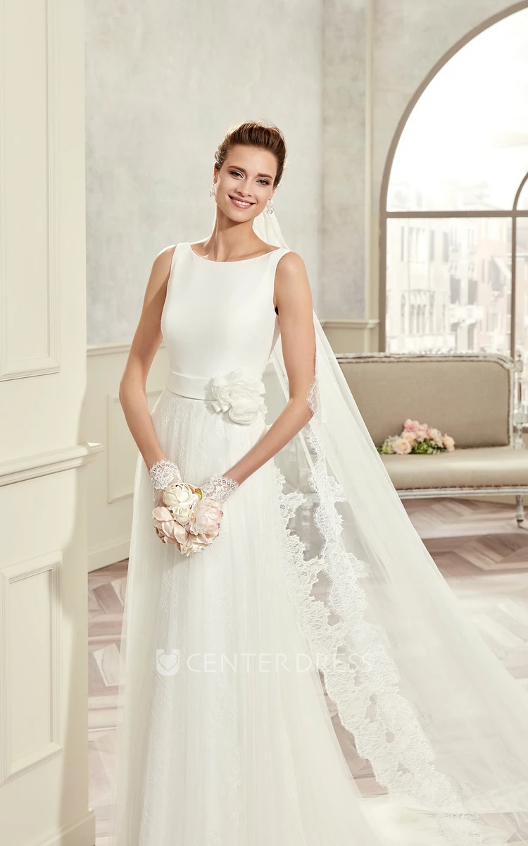 Jewel-Neck Draping Bridal Gown With Floral Waist And Illusive Lace Back