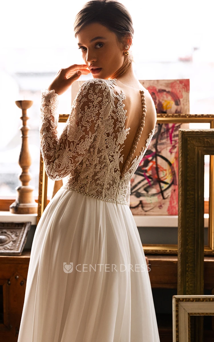 A romantic chiffon A-line wedding dress with long blouson sleeves