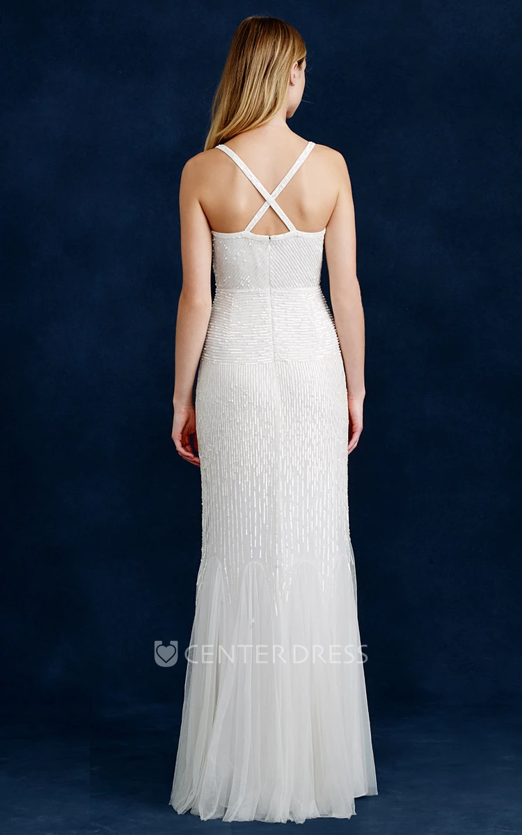 Sheath Sleeveless V-Neck Floor-Length Beaded Tulle Wedding Dress With Tiers