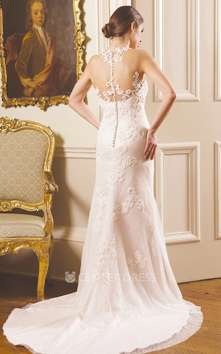 Sheath Sleeveless Appliqued Floor-Length Lace Wedding Dress With Illusion Back And Court Train