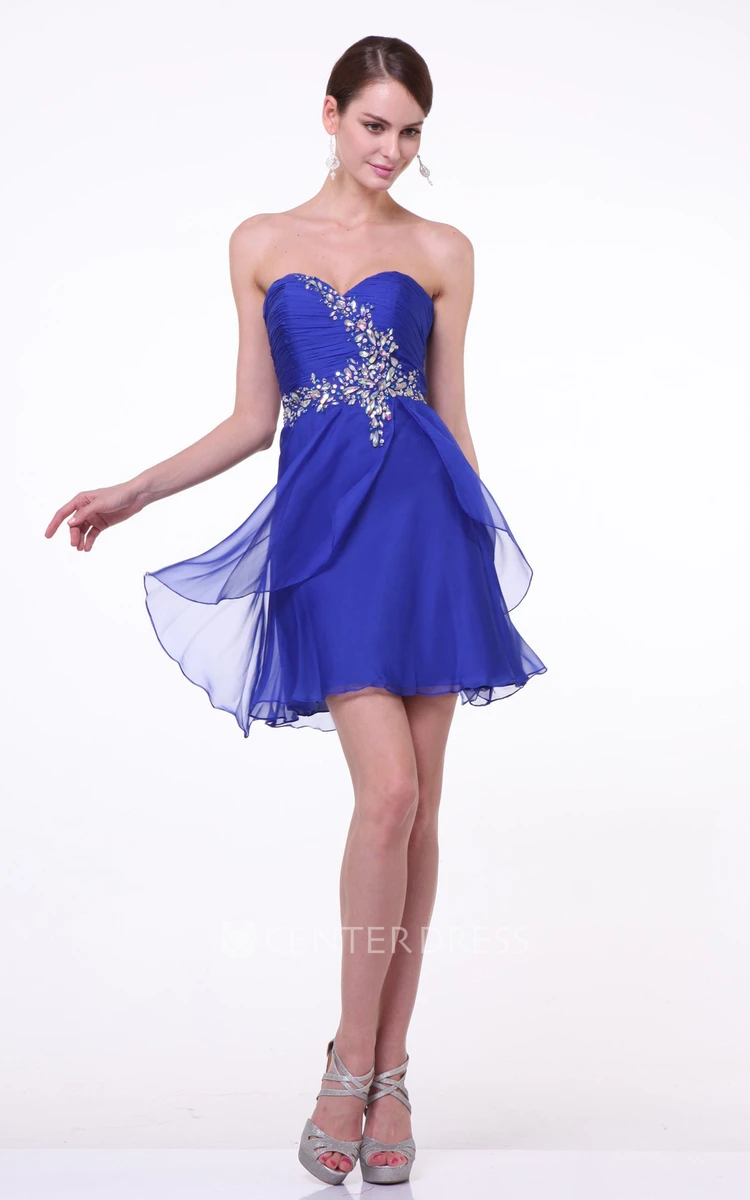 A-Line Mini Sweetheart Sleeveless Chiffon Dress With Ruching And Beading