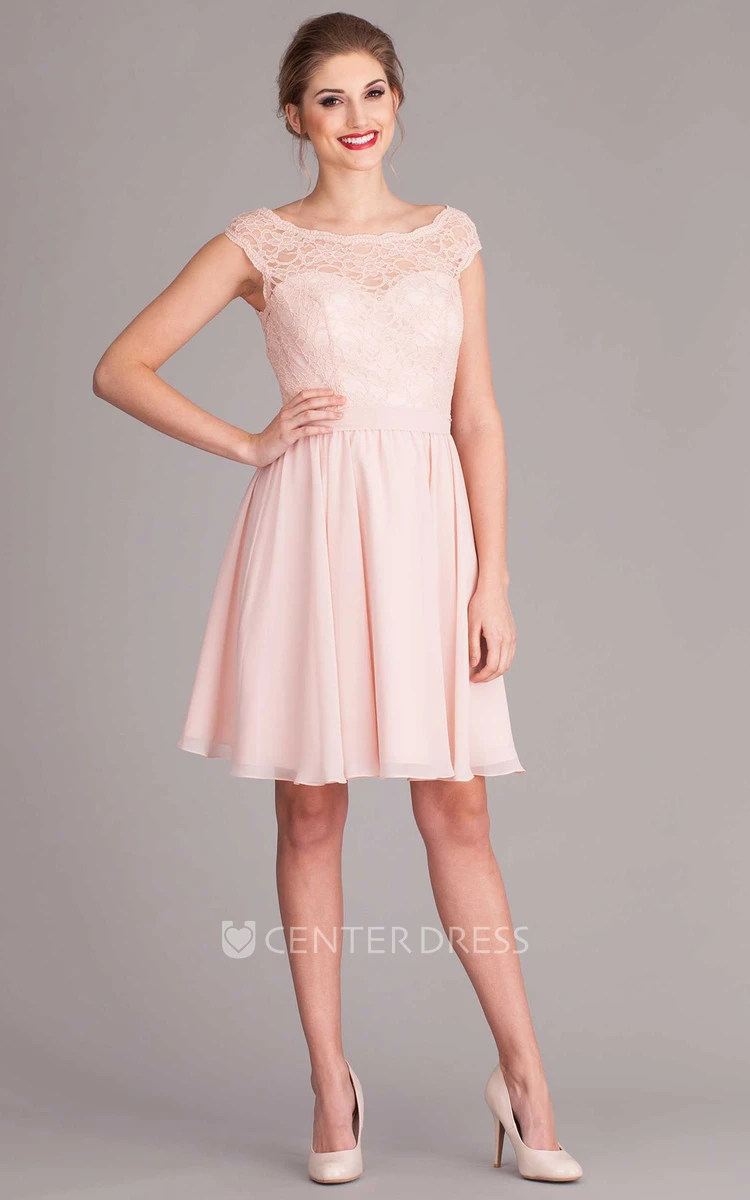Short Scoop Cap-Sleeve Lace Chiffon Bridesmaid Dress With Pleats