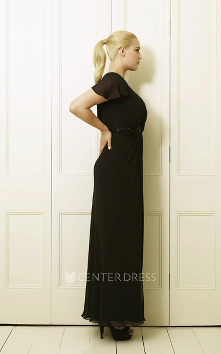 Ankle-Length Beaded Poet-Sleeve Scoop-Neck Chiffon Plus Size Prom Dress With Draping