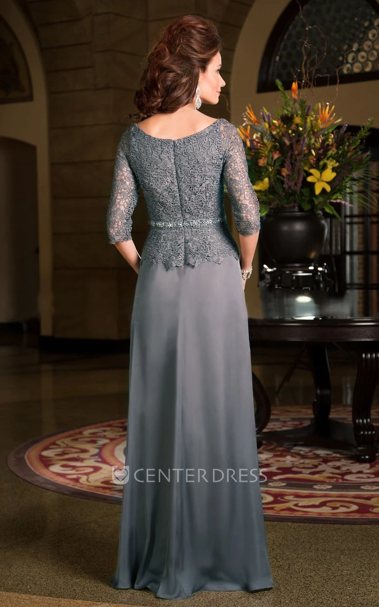 3-4 Sleeved Scoop-Neck Long MOB Mother Of The Bride Dress With Lace Bodice