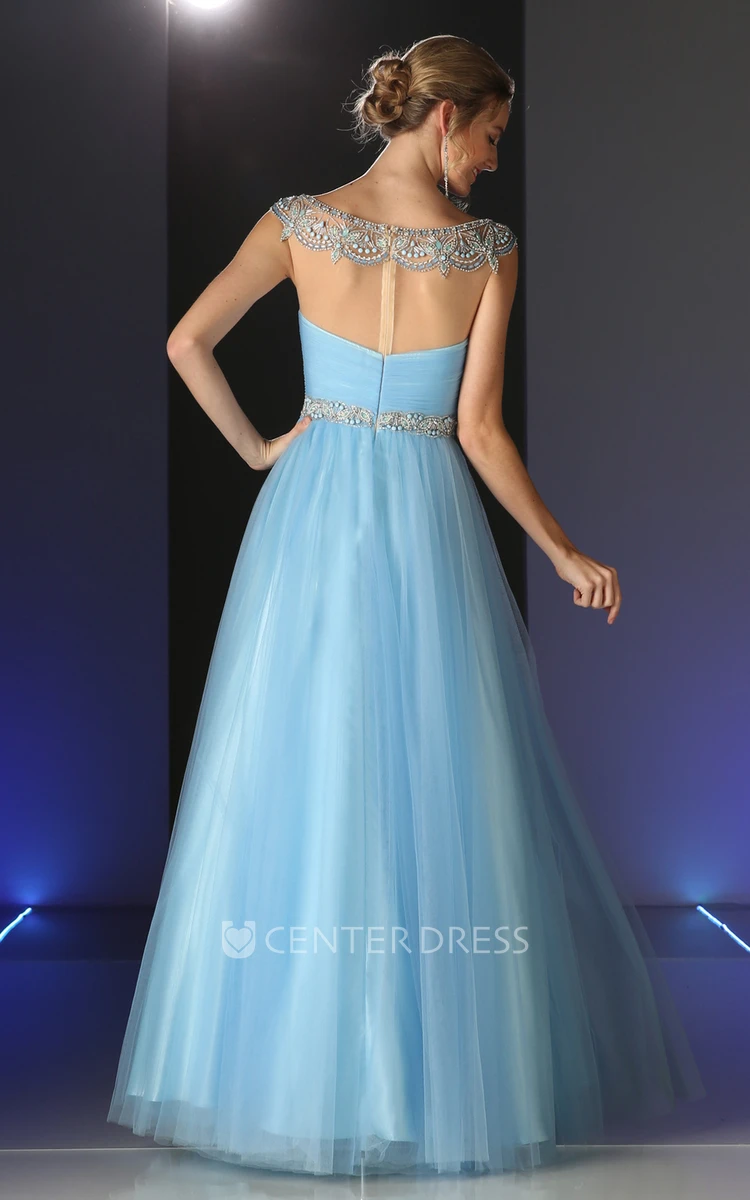 A-Line Long Scoop-Neck Cap-Sleeve Tulle Illusion Dress With Beading And Ruching