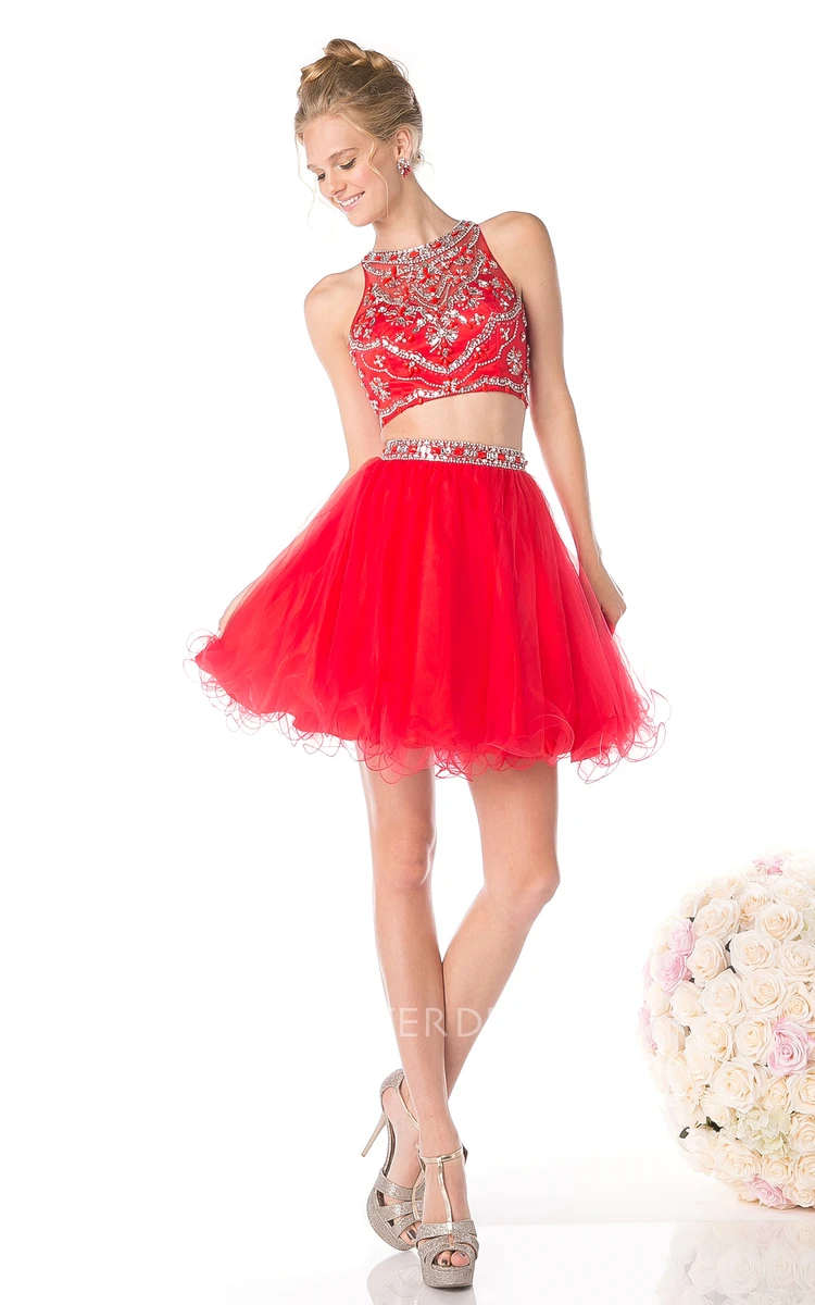 A-Line Short Jewel-Neck Sleeveless Tulle Illusion Dress With Ruffles And Beading