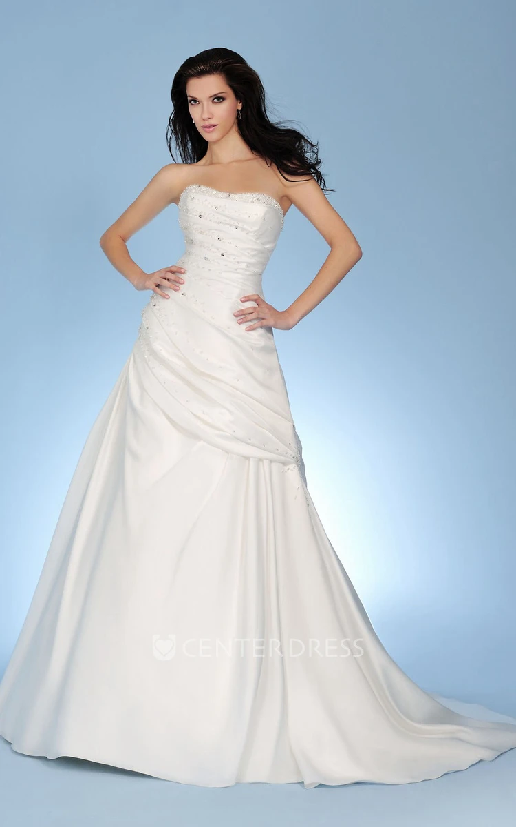A-Line Strapless Ruched Taffeta Wedding Dress With Beading And Lace Up