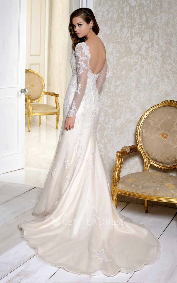 V-Neck Floor-Length Long-Sleeve Appliqued Satin&Tulle Wedding Dress