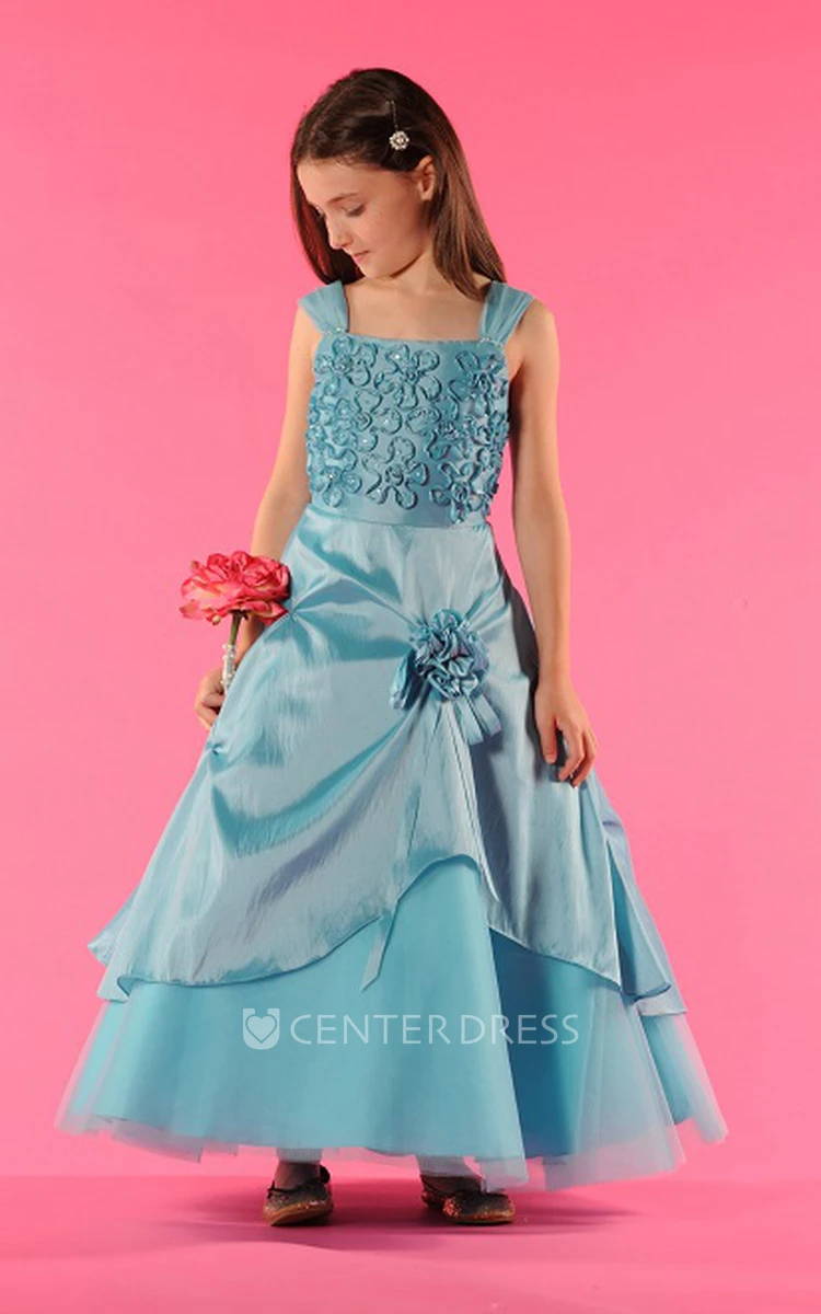 Flower Girl Square Neck A-line Taffeta Wrapped Tulle Gown With Flowers