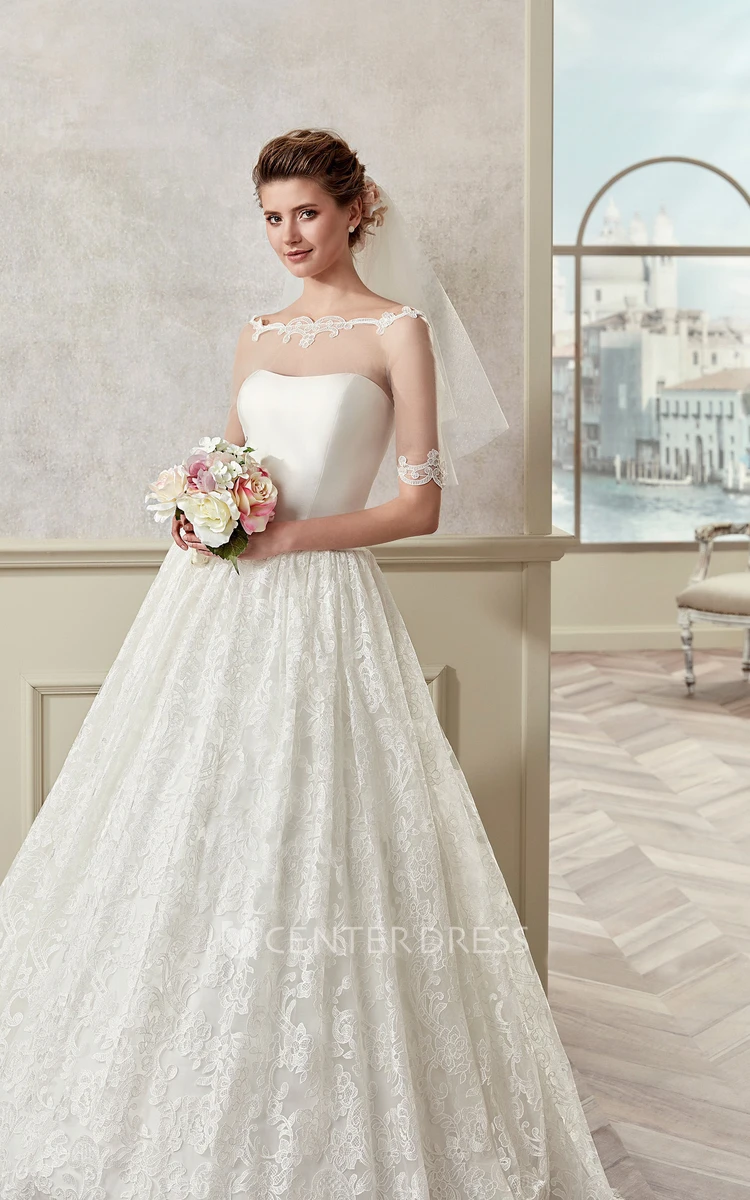 Half-Sleeve A-Line Bridal Gown With Off Shoulder And Illusive Design