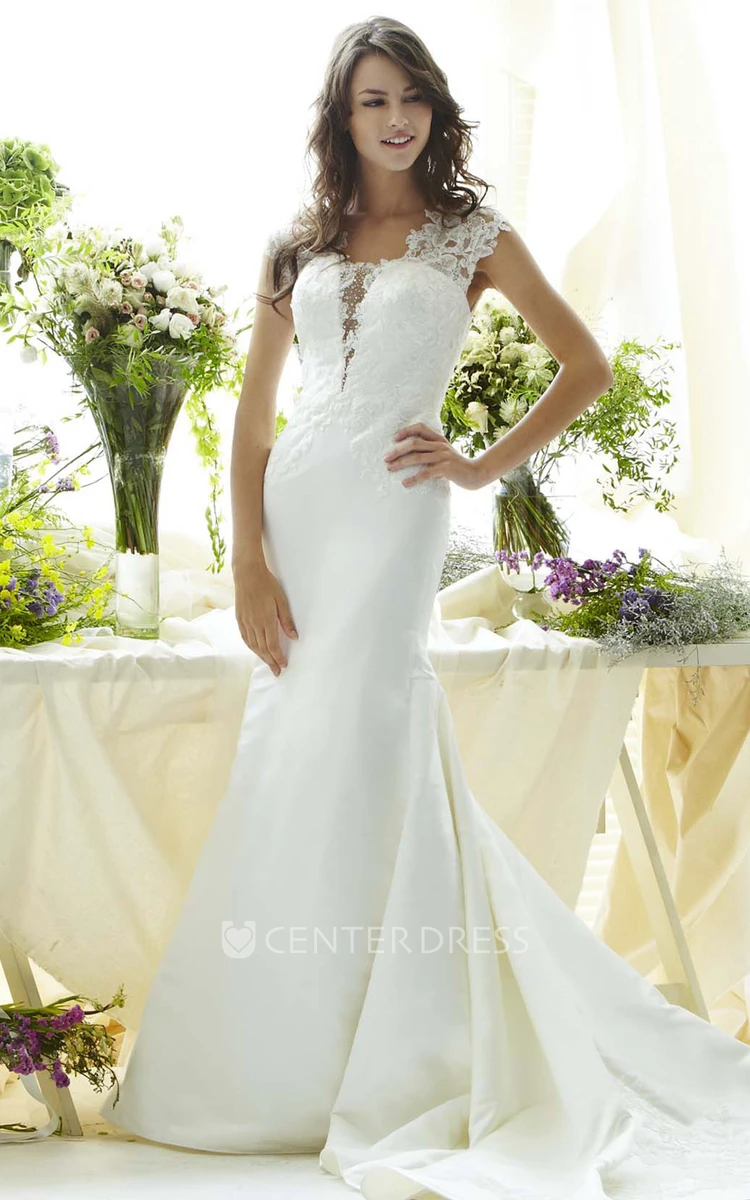 Sheath V-Neck Cap-Sleeve Taffeta Wedding Dress With Illusion