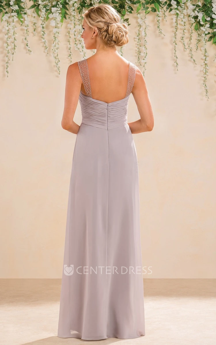 Sleeveless A-Line Bridesmaid Dress With Illusion Straps And Front Slit